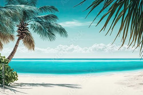 Banner of idyllic tropical beach with white sand, palm tree and turquoise blue ocean 