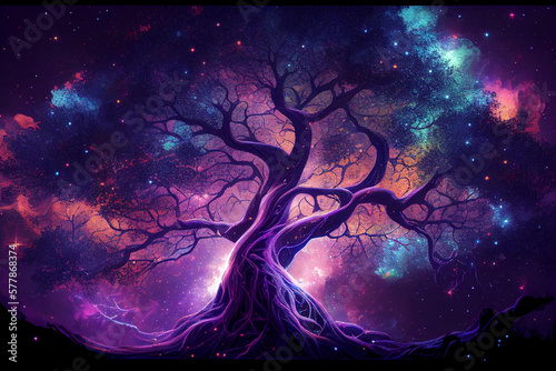 Tree of the universe on cosmic background. Abstract colorful fantasy art. Generative AI 