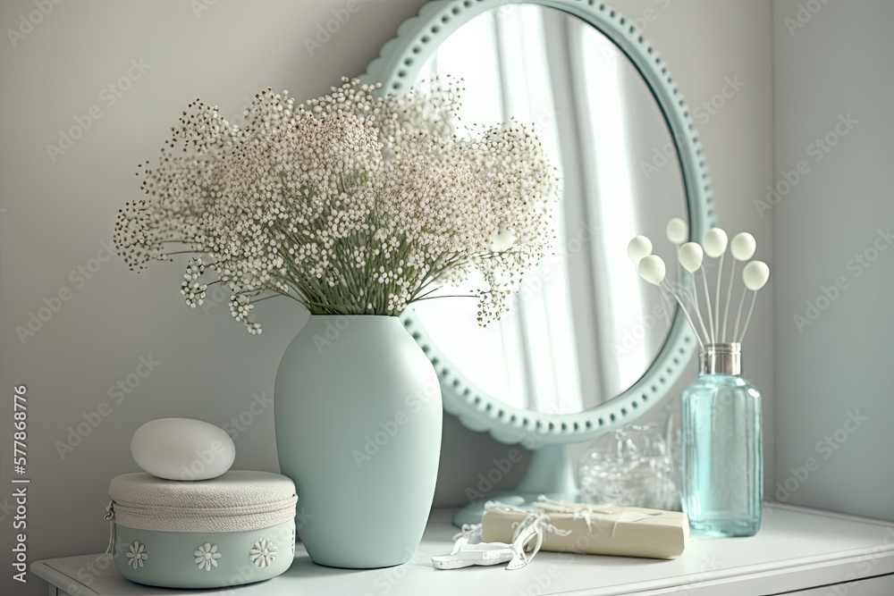 Dressing table with circle mirror, cosmetic silver accessories and white  small flowers in ceramic pastel blue vase on white wood board Stock  Illustration | Adobe Stock