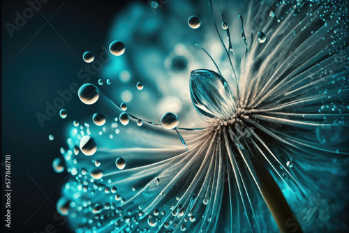 Dandelion Seeds in droplets of water on blue and turquoise beautiful background with soft focus in nature macro. Drops of dew sparkle on dandelion in rays of light © HyperModel