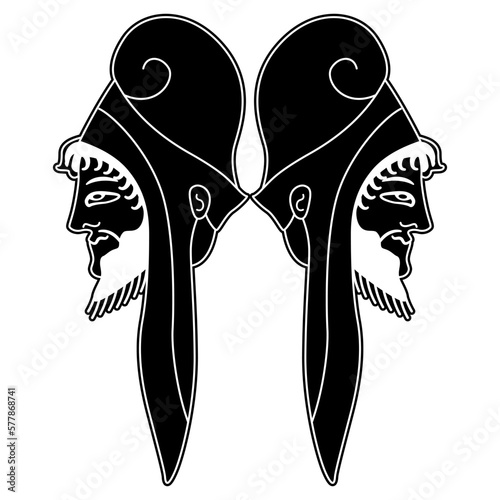 Symmetrical design with two heads of bearded ancient Greek men wearing helmets. Black and white negative silhouette.