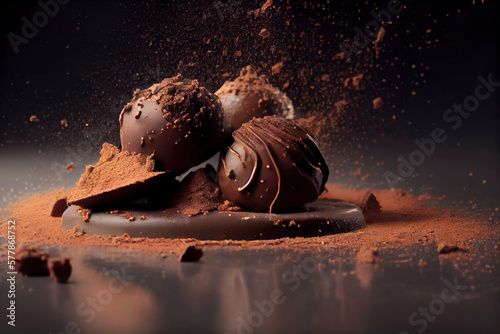 Truffles dusted with cocoa powder in motion. Dark chocolate candies in cocoa powder.  dark brown background. Illustration, Generative AI