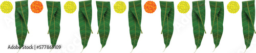 Decorative marigold flowers and mango leaves toran border design in a very attractive and creative style useful for Indian festival celebration.