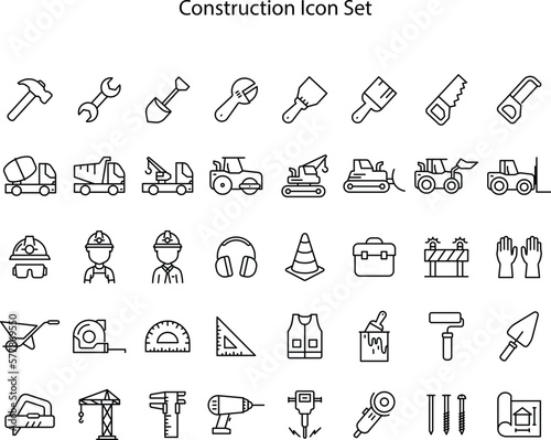 Construction line icons set on white background. Home repair tools outline icons collection. Construction tools, builders and equipment symbols. Builder, crane, engineering, equipment, helmet, tool.