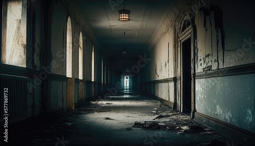 old abandoned building hallway Generative AI