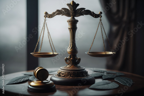 The scales of justice in detail on the table with an empty court of law in the background, close-up.