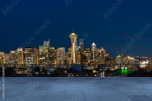 Skyscrapers Cityscape Downtown, Seattle Skyline Buildings. Beautiful Real Estate. night time. Empty rooftop View. Success concept.