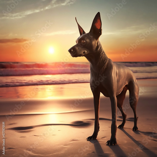 El perro Xoloitzcuintle en la playa es una imagen impresionante. Con su pelaje brillante y su elegante figura  es una vista impresionante mientras juega y corre por la arena. 