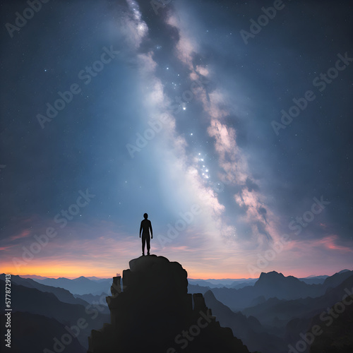 artificial intelligence generated image of the lone figure stands in awe of the beauty of the night sky which is illuminated by a brilliant, multicolored milky way galaxy.
