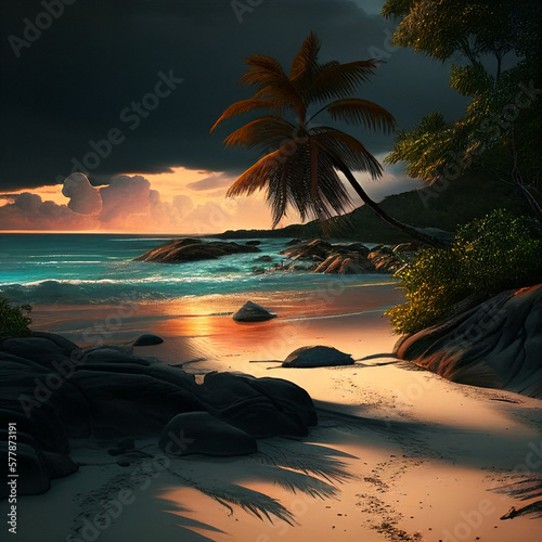 Tropical Beach Sunset: Serenity in Late Evening Light; Tranquility Relaxation Peaceful