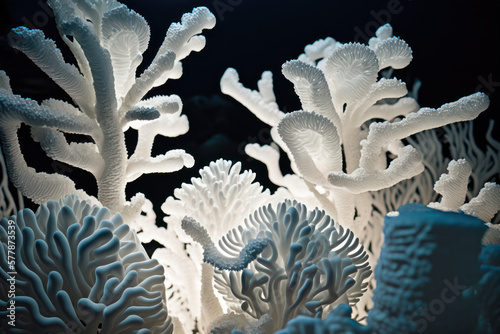 Beautiful elaborated white hermatypic marine corals of various species under the sea. Generative AI  photo