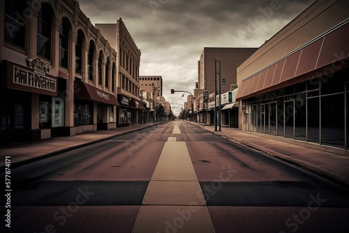 Closed businesses and shops on empty main street impacted by a global recession, financial hardship and challenges concept, generative ai photo