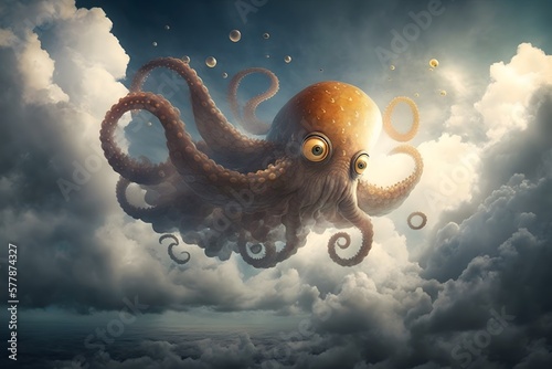 octopus flying created using AI Generative Technology