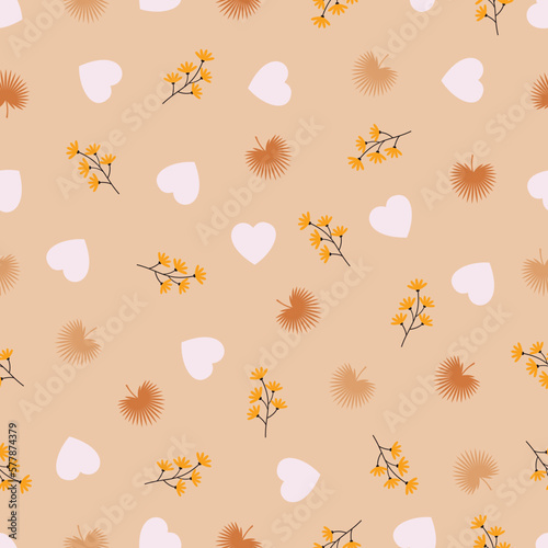 Allover floral seamless pattern. Exquisite scandi wildflowers, leaves and hearts. Dainty romantic continuous surface pattern