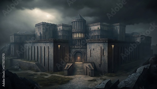 Dark fantasy, medieval, massive imperial city, capital, realistic, multiple thick high guarded walls in dark stone, high stone walls in the far background, streets and blocks, aerial view, moody photo