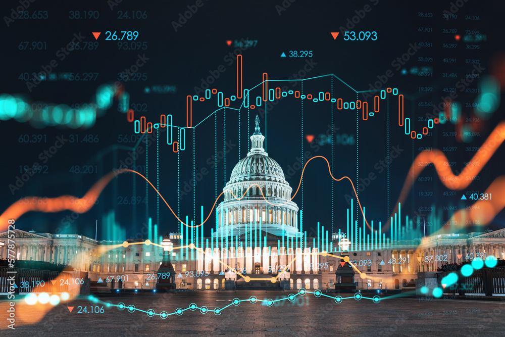Front view, Capitol dome building at night, Washington DC, USA. Illuminated Home of Congress and Capitol Hill. Forex graph hologram. The concept of internet trading, brokerage and fundamental analysis - obrazy, fototapety, plakaty 