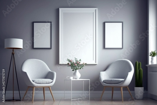 Modern and cozy living room with empty blank picture frame mockup in scandinavian style. Generative ai interior concept © AdibaZR