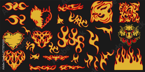 90s-Inspired T-Shirts, Hoodies, Parkas, Streetwear, Apparel, and Pajamas with Hot Fire Ornaments from the Y2K Retro Vector Set. Cool Flames Hand-Drawn Design.