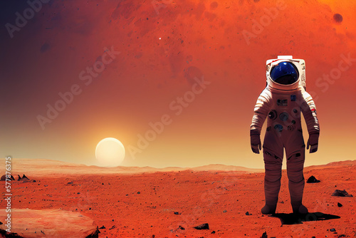 Ravishing digital illustration of Mars landscape feature with red surface and mountain with astronaut. Space exploration and martian on red planet concept by generative AI. photo