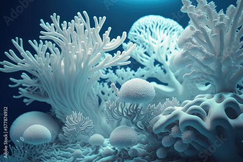 Beautiful elaborated white hermatypic marine corals of various species under the sea. Generative AI 