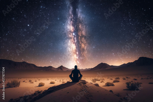 Fotobehang A person meditating on the desert sitting spiritual awakening meditation soul he