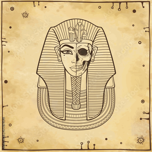 Animation portrait: King Tutankhamun mask, ancient Egyptian pharaoh. Half of the face is a skull. Background - imitation old paper. Vector illustration.