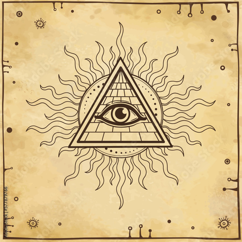 Animation drawing: symbol of  Egyptian pyramid, all-seeing eye, sun rays. Egyptian history and mythology. Background - imitation old paper. Vector illustration.