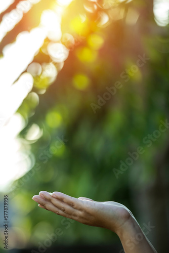 Technology, hand holding with environment  on green background