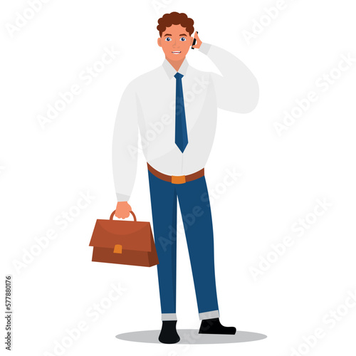Young businessman with briefcase talking by mobile phone on white background