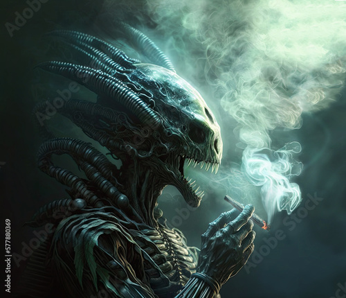 Scary alien smokes a rolled cigarette