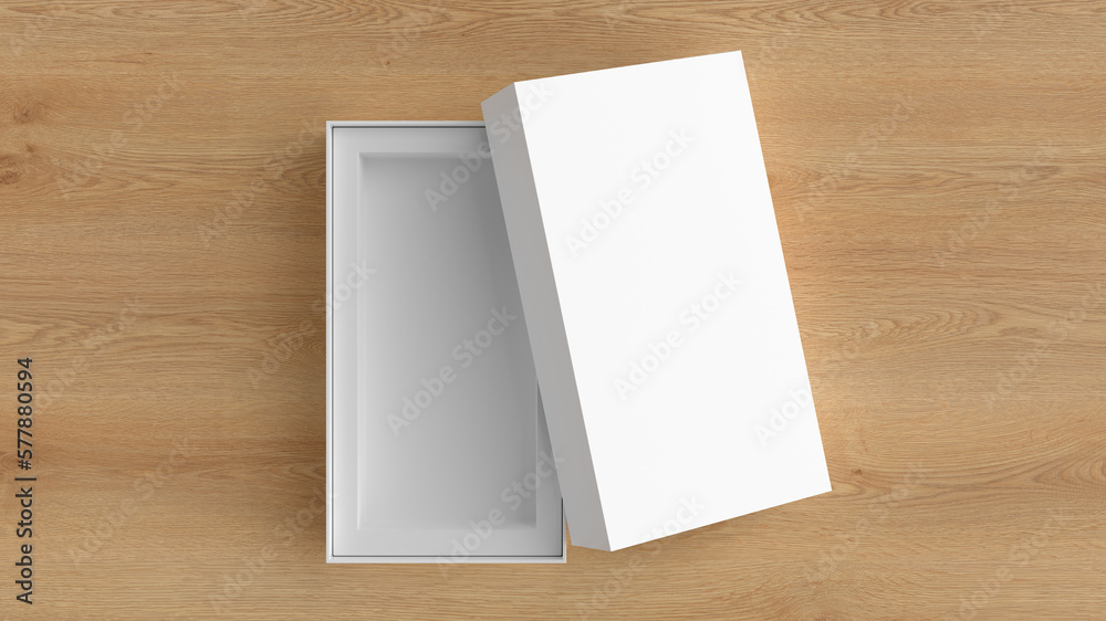 Long open box packaging mockup on wooden background. Template for your design. 3d illustration Long open box packaging mockup on wooden background. Template for your design. 3d illustration