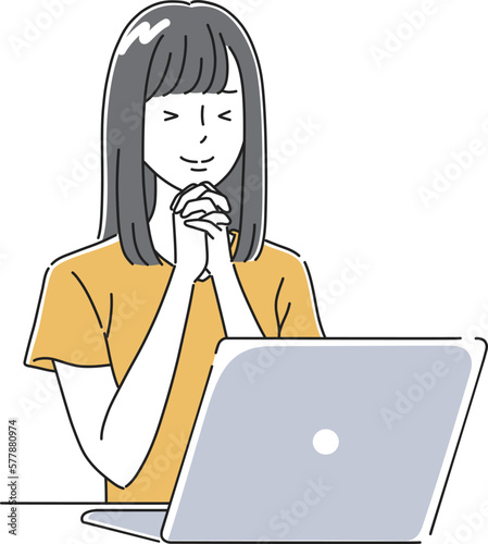 ノートパソコンの前で喜ぶ女性のイラスト素材