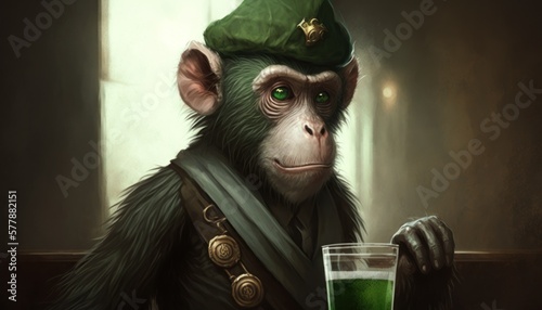 Beautiful Saint Patrick's Day Parade Celebrating Cute Creatures and Nature: Animal Baboon Anime in Festive Green Attire Celebration of Irish Culture and Happiness (generative AI)