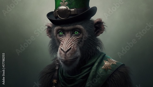 Beautiful Saint Patrick's Day Parade Celebrating Cute Creatures and Nature: Animal Baboon Cinematic in Festive Green Attire Celebration of Irish Culture and Happiness (generative AI)