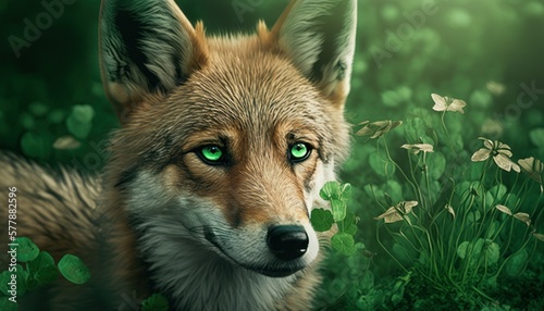 Beautiful Saint Patrick's Day Parade Celebrating Cute Creatures and Nature: Animal Coyote Cinematic in Festive Green Attire Celebration of Irish Culture and Happiness (generative AI)