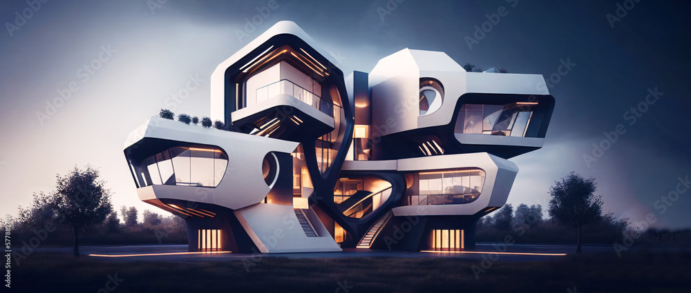 A ultra modern futuristic house. A modern multi-story house, composed ...