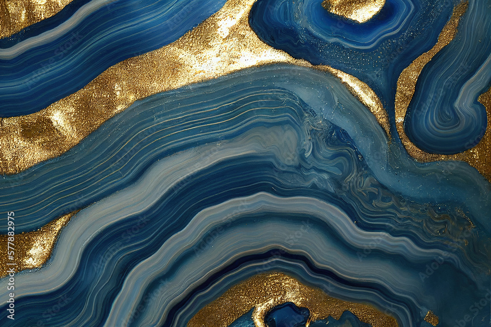 Abstract art background with a fluid marble blue and gold texture ...