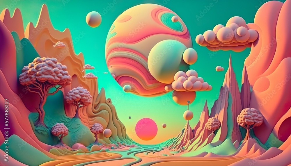Surreal, abstract, psychedelic design of planets and clouds over a mountain canyon valley in pastel colors (generative ai)