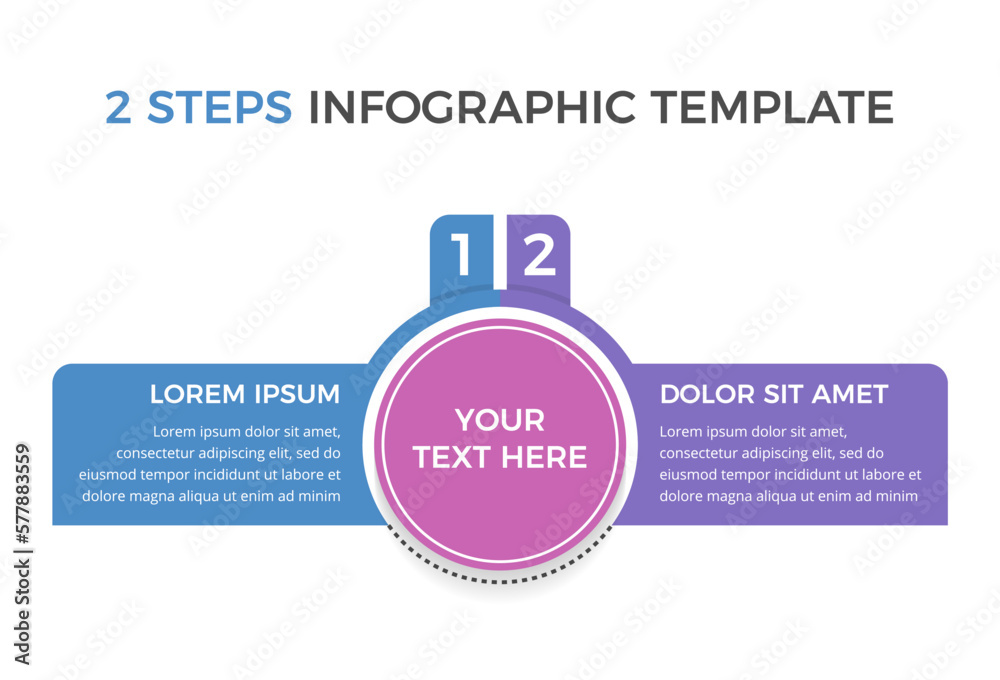 Infographic template with main circle and 2 steps or options Infographic template with main circle and 2 steps or options