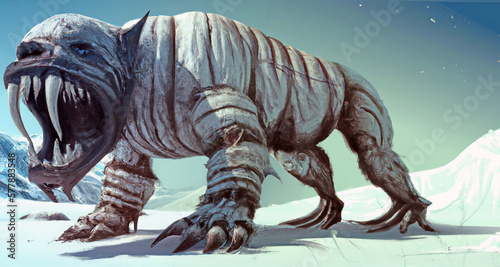 A fantasy alien monster resembling a saber-toothed tiger stands and roars on a frozen snow covered planet in space. Generative AI sci-fi illustration.	