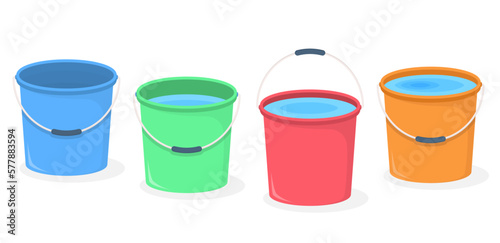 Four plastic buckets with water on white background photo