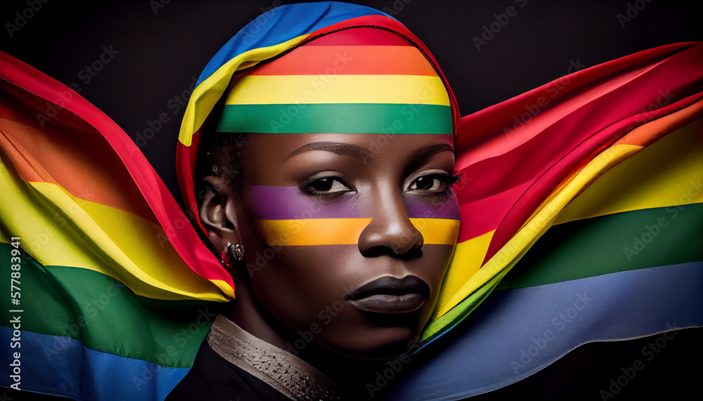 Woman activist for lgbtq rights with rainbow flag, cartoon