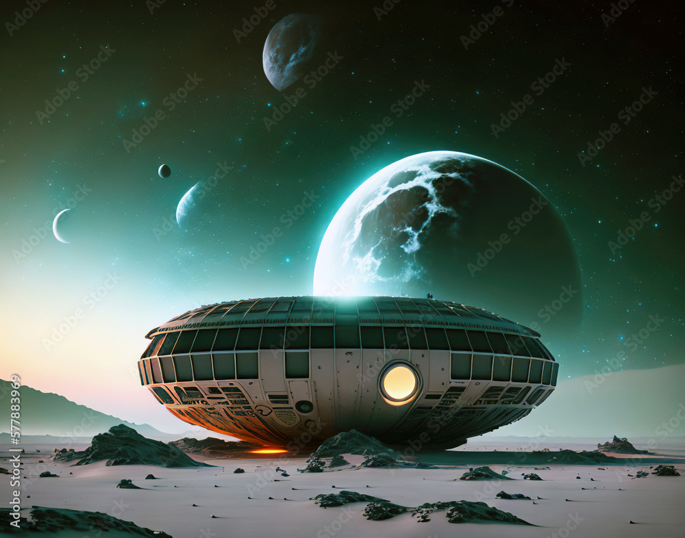 Flying saucer ufo landed on a desolate planet in outer space. Moons and sky in the background. Generative AI sic-fi illustration. Flying saucer ufo landed on a desolate planet in outer space. Moons and sky in the background. Generative AI sic-fi illustration.