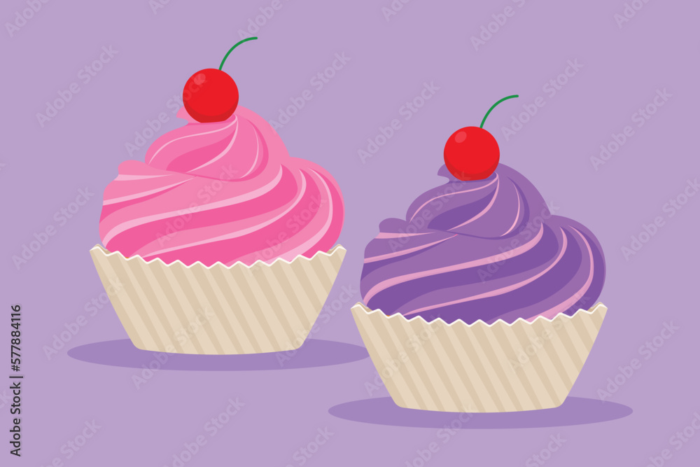 Graphic flat design drawing stylized baked muffin with cherry cake online shop logo label. Emblem pastry template icon concept for cafe, store, food delivery service. Cartoon style vector illustration Graphic flat design drawing stylized baked muffin with cherry cake online shop logo label. Emblem pastry template icon concept for cafe, store, food delivery service. Cartoon style vector illustration