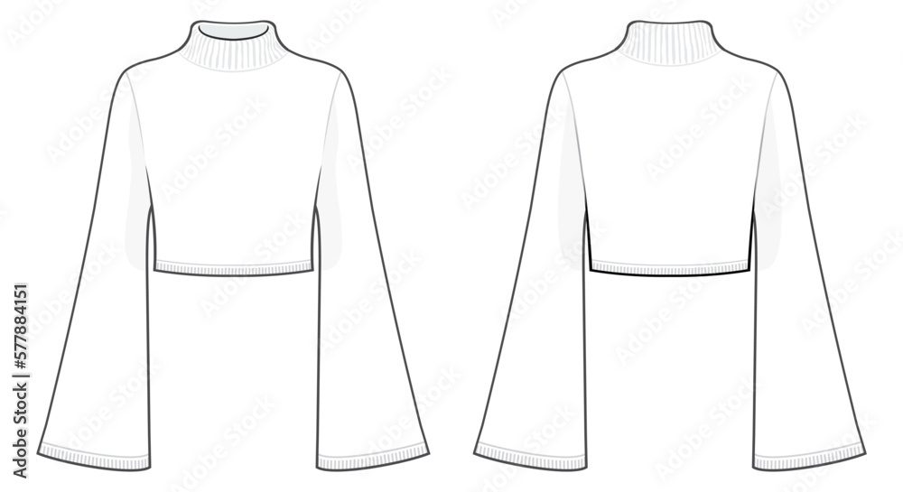 Bell Sleeve Turtleneck Sweater fashion flat, Flat Sketch, Vector