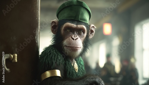 Beautiful Saint Patrick's Day Parade Celebrating Cute Creatures and Nature: Animal Monkey Cinematic in Festive Green Attire Celebration of Irish Culture and Happiness (generative AI)