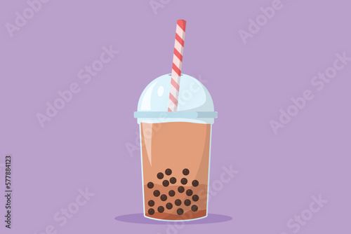 Character flat drawing of bubble boba tea drink icon. Food refreshing trendy ice drink. For flyer, sticker, card, logo, symbol. Sweet milk tea drink popular in Asia. Cartoon design vector illustration