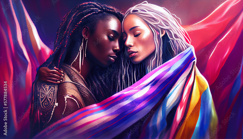 Lesbian, Beauty woman, Lesbian activist for lgbtq rights, rainbow flag, queers diverse people of lesbian community, by generative AI Lesbian, Beauty woman, Lesbian activist for lgbtq rights, rainbow flag, queers diverse people of lesbian community, by generative AI