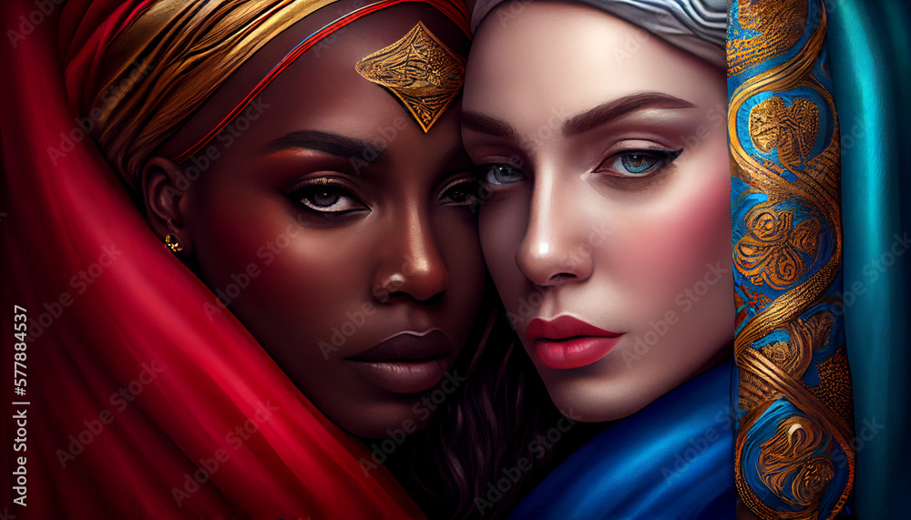 Fototapeta premium Lesbian, Beauty woman, Lesbian activist for lgbtq rights, rainbow flag, queers diverse people of lesbian community, by generative AI