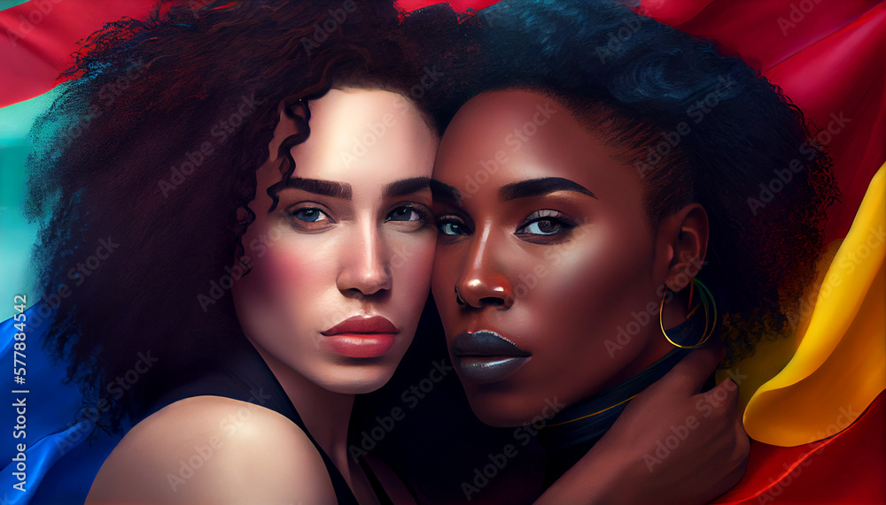 Obraz premium Lesbian, Beauty woman, Lesbian activist for lgbtq rights, rainbow flag, queers diverse people of lesbian community, by generative AI